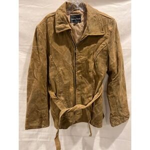Leather Works Vintage Patchwork Suede Belted Zip Up Jacket Tan Camel Large